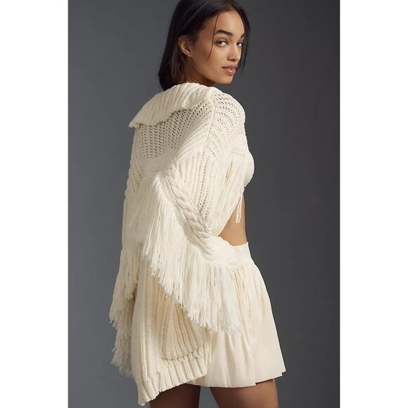 Anthropologie Maeve Fringe Oversized Cardigan Womens XS Boho Ivory Cozy Western - Picture 2 of 8